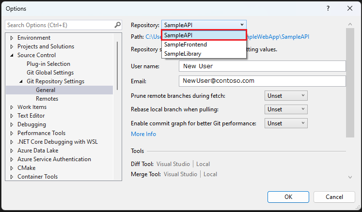 Visual Studio の [Git リポジトリ設定] オプションのスクリーンショット。