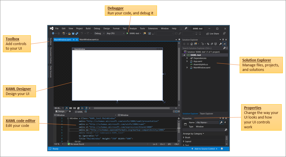 XAML の WPF プロジェクトが開かれている Visual Studio 2019 IDE