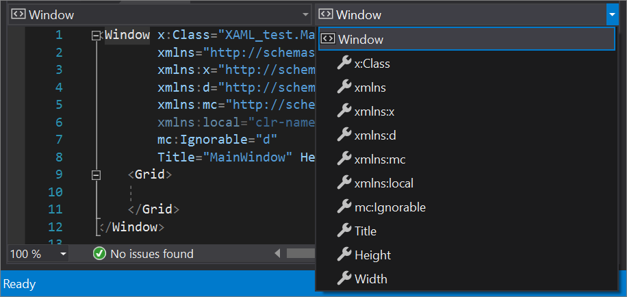 Visual Studio の [Member: Window] (メンバー: ウィンドウ) ドロップダウン リスト