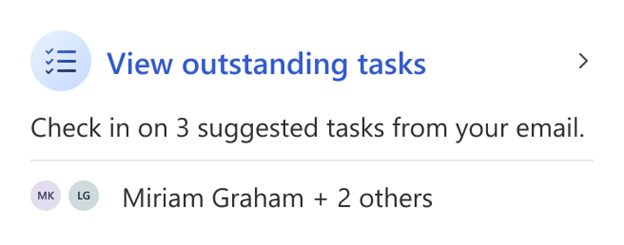 Viva Insights Outlook アドインの [未処理のタスクの表示] カードのスクリーンショット。