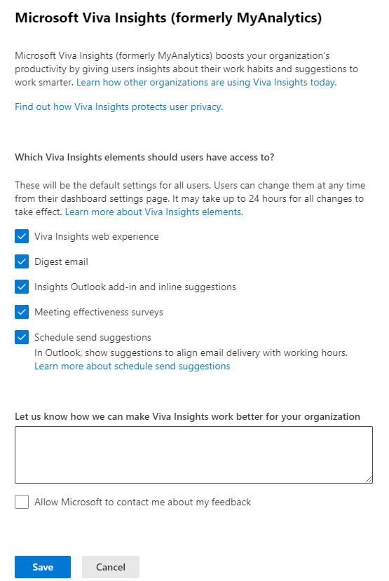 すべての選択が有効になっているMicrosoft Viva Insights (旧称 MyAnalytics) 設定ウィンドウを示すスクリーンショット。