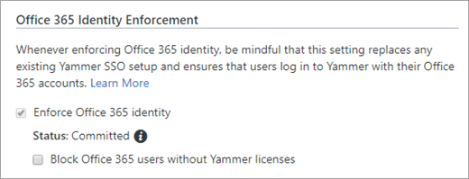 Yammer セキュリティ設定の [Yammer ライセンスのないユーザー Office 365ブロック] チェック ボックスのスクリーンショット。