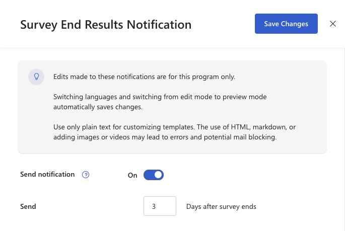 [Survey End Results Notification email setup]\(アンケートの終了結果通知の電子メール設定\) ウィンドウのスクリーンショット。