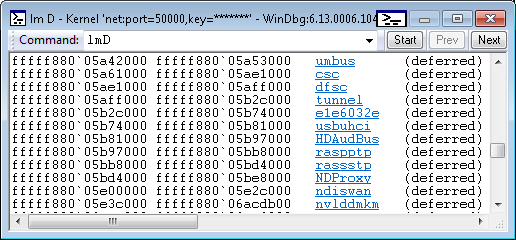 デバッガーでの lmD コマンド出力のスクリーンショット。