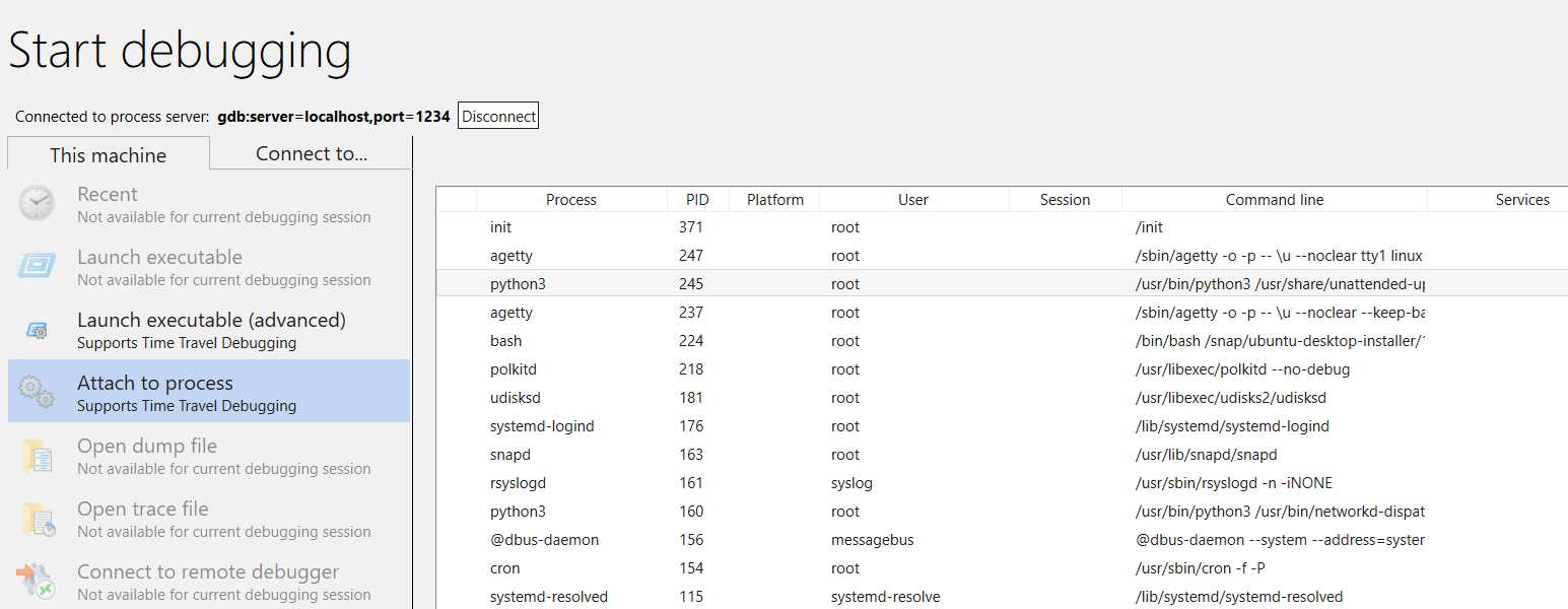 20 位のプロセスが一覧されているプロセスの接続を示す WinDbg の [デバッグの開始] 画面のスクリーン ショット。