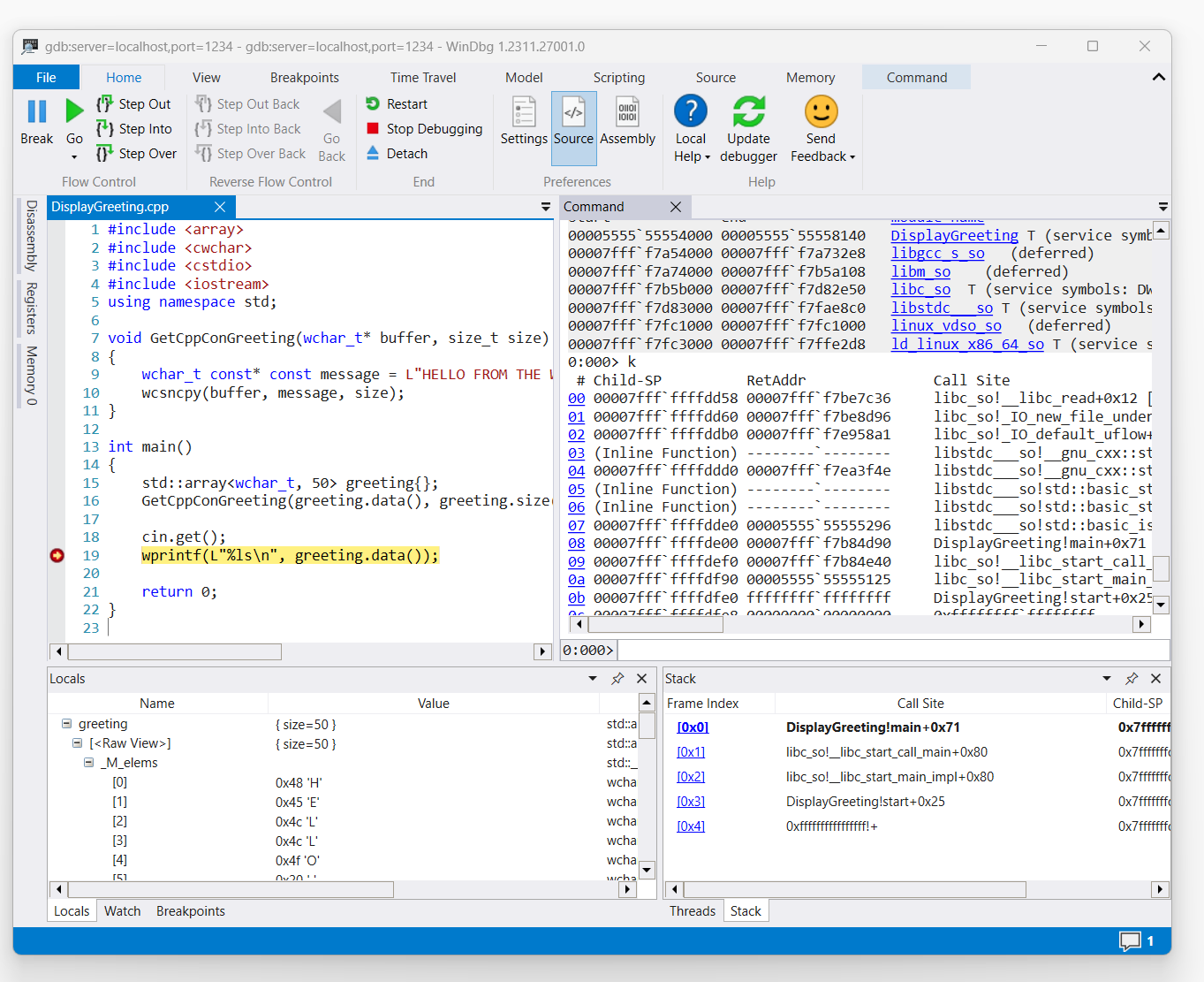 19 行目の wprint にブレークポイントが設定された WinDbg の DisplayGreeting.cpp コードのスクリーン ショット