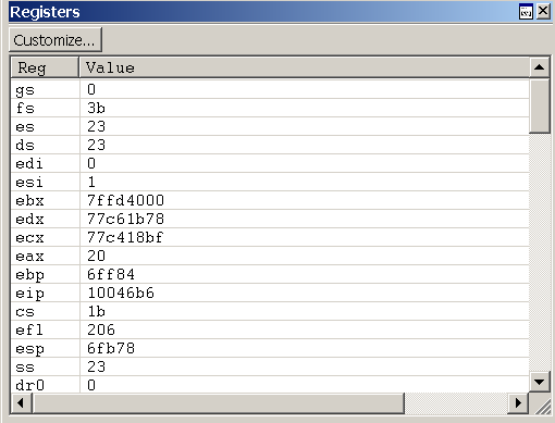 Screenshot of the Registers window in WinDbg.