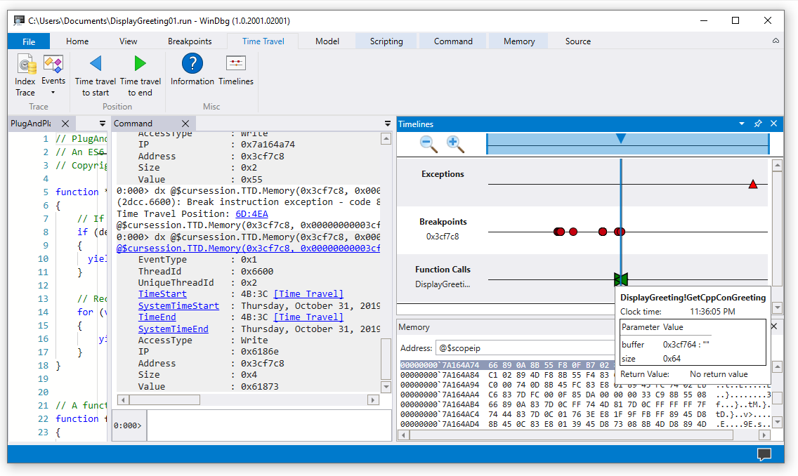 Time Travel Debugging コマンドと 3 つのタイムラインを含む WinDbg のスクリーンショット。