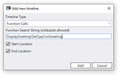 DisplayGreeting!GetCppConGreeting の関数検索文字列と関数呼び出しタイムラインの追加を表示する新しい [タイムライン] ダイアログを追加します。