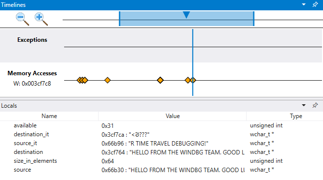 ソースと宛先の値が異なるローカル値が表示されているメモリ アクセス タイムラインとローカル ウィンドウ。