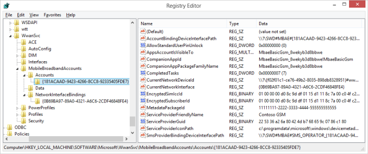 解析されたモバイル ブロードバンド アカウントのレジストリ エントリのスクリーンショット。