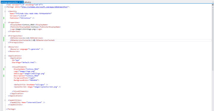 コード ビューの package.appxmanifest ファイルのスクリーンショット。