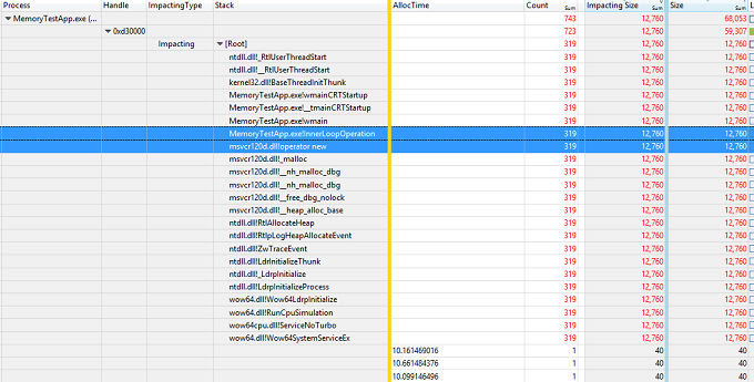 2 つの行が選択された Process、Handle、Impacting Type、Stack、AllocTime、Count、Impacting Size、Size を示すサンプル データ テーブルのスクリーンショット