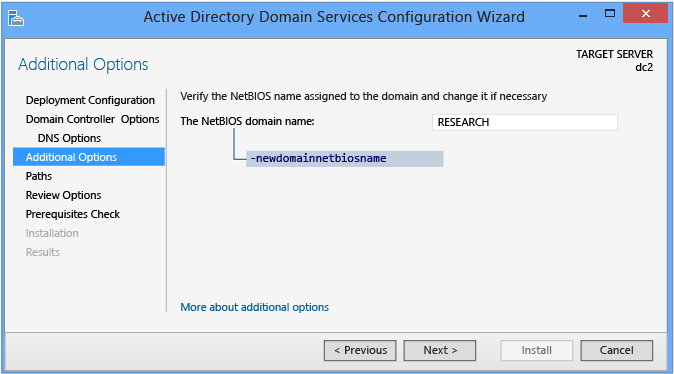 Active Directory Domain Services の [構成] ウィザードの [追加オプション] ページを示すスクリーンショット。