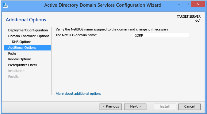 Active Directory Domain Services の [構成] ウィザードの [追加オプション] ページを示すスクリーンショット。