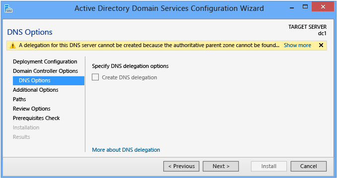 Active Directory Domain Services の [構成] ウィザードの DNS オプションを示すスクリーンショット。