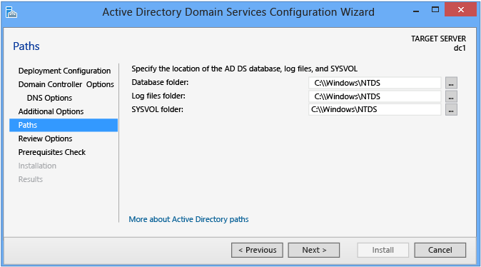 Active Directory Domain Services の [構成] ウィザードの [パス] ページを示すスクリーンショット。