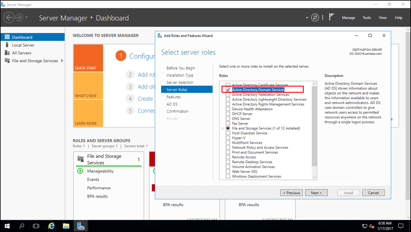 Active Directory Domain Services オプションが強調表示された、[役割と機能の追加] ウィザードの [サーバーの役割の選択] ページのスクリーンショット。