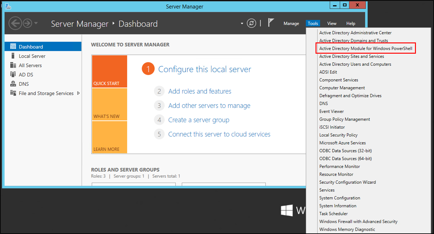 [Windows PowerShell 用 Active Directory モジュール] が強調表示された、サーバー マネージャーの [ツール] ドロップダウン リストのスクリーンショット。