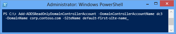 完全な Add-addsreadonlydomaincontrolleraccount コマンドレットを示す PowerShell ウィンドウのスクリーンショット。