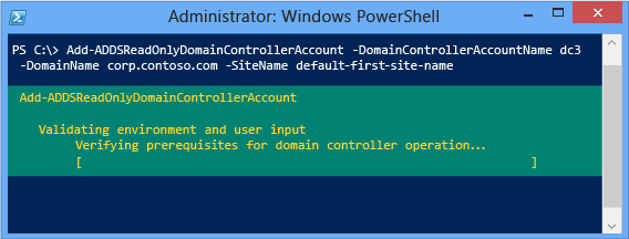 Add-addsreadonlydomaincontrolleraccount コマンドレットの結果を示す PowerShell ウィンドウのスクリーンショット。