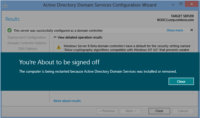 Active Directory Domain Services 構成ウィザードの [結果] ページのスクリーンショット。