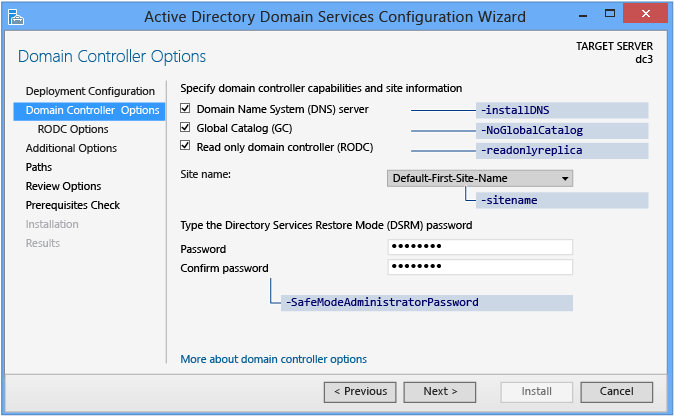 ステージング環境のデプロイがない場合の Active Directory Domain Services 構成ウィザードの [ドメイン コントローラー オプション] ページのスクリーンショット。