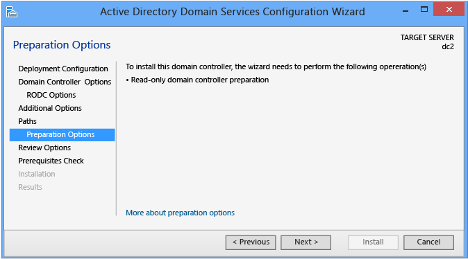 ステージング環境のデプロイがない場合の Active Directory Domain Services 構成ウィザードの [準備オプション] ページのスクリーンショット。