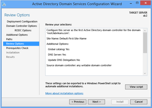 ステージング環境のデプロイがない場合の Active Directory Domain Services 構成ウィザードの [オプションの確認] ページのスクリーンショット。