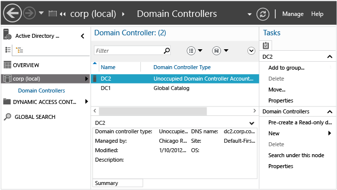 [使用されていないドメイン コントローラー アカウント] が強調表示されている Active Directory 管理センターのスクリーンショット。