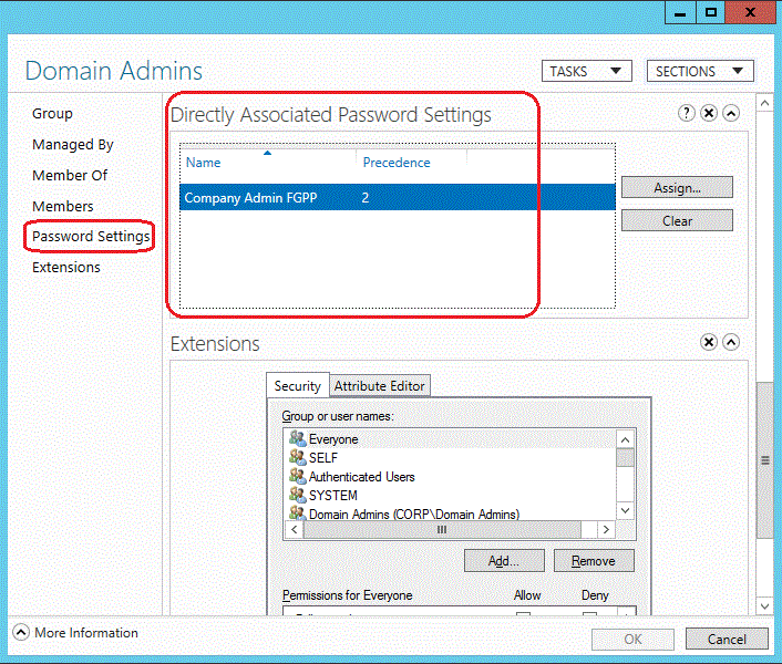 [Directly Associated Password Settings](直接関連付けられたパスワード設定) セクションが強調表示されているスクリーンショット。