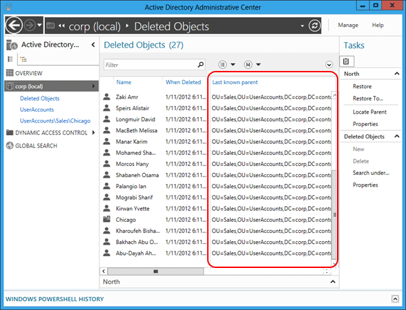 復元された Sales OU 識別名に対する削除されたユーザー オブジェクトの [最後に確認された親] 属性の変更を確認できる場所を強調表示したスクリーンショット。