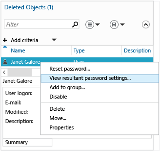 [View resultant password settings](結果のパスワード設定の表示) メニュー オプションが強調表示されているスクリーンショット。