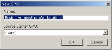 グループ名とソース スターター GPO を入力するための [新しい GPO] ウィンドウのスクリーンショット。
