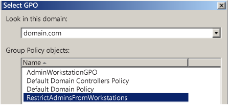 ドメインとグループ ポリシー オブジェクトを選択する [GPO の選択] ウィンドウのスクリーンショット。