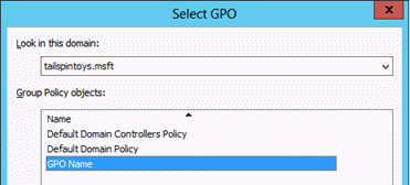 作成した GPO を選択する場所を示すスクリーンショット。