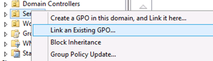 メンバー サーバーとワークステーション OU に GPO をリンクしようとしている場合の [Link an existing GPO](既存の GPO のリンク) メニュー オプションを示すスクリーンショット。