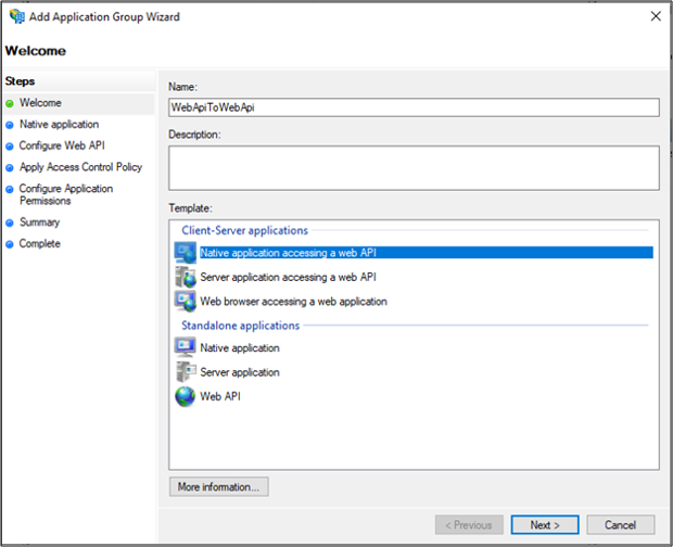 Web API テンプレートにアクセスするネイティブ アプリケーションが強調表示されているアプリケーション グループの追加ウィザードの [ようこそ] ページのスクリーンショット。