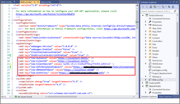 変更された値が表示されている、ToDoListService の下の Web 構成ファイルのスクリーンショット。