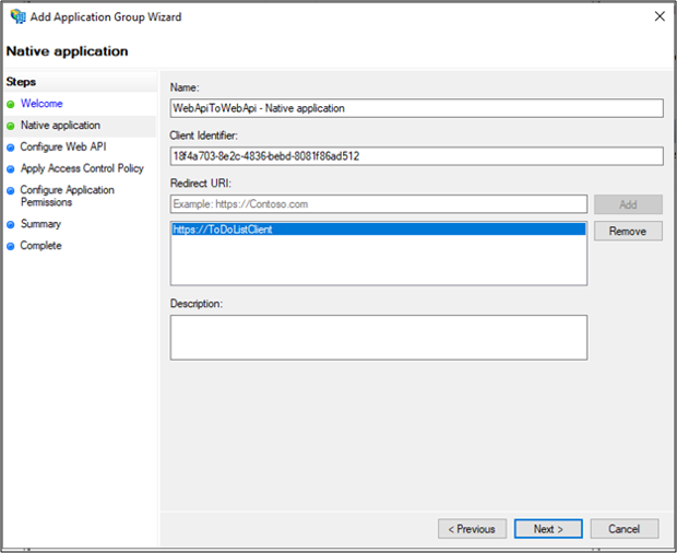 リダイレクト URI が表示されている、アプリケーション グループの追加ウィザードのネイティブ アプリケーションのページのスクリーンショット。