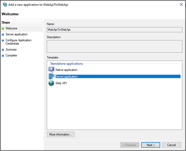 [サーバー アプリケーション] オプションが強調表示されている、WebApiToWebApi に新しいアプリケーションを追加するウィザードの [ようこそ] ページのスクリーンショット。