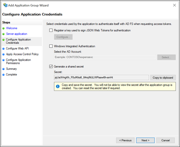 [共有シークレットを生成する] オプションが選択され、生成された共有シークレットが設定されていることを示す、アプリケーション グループの追加ウィザードの [アプリケーションの資格情報の構成] アプリケーション ページのスクリーンショット。