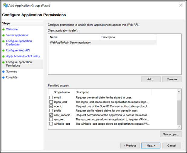 OpenID とユーザーの偽装のオプションが選択されていることを示す、アプリケーション グループの追加ウィザードの [アプリケーションのアクセス許可の構成] ページのスクリーンショット。