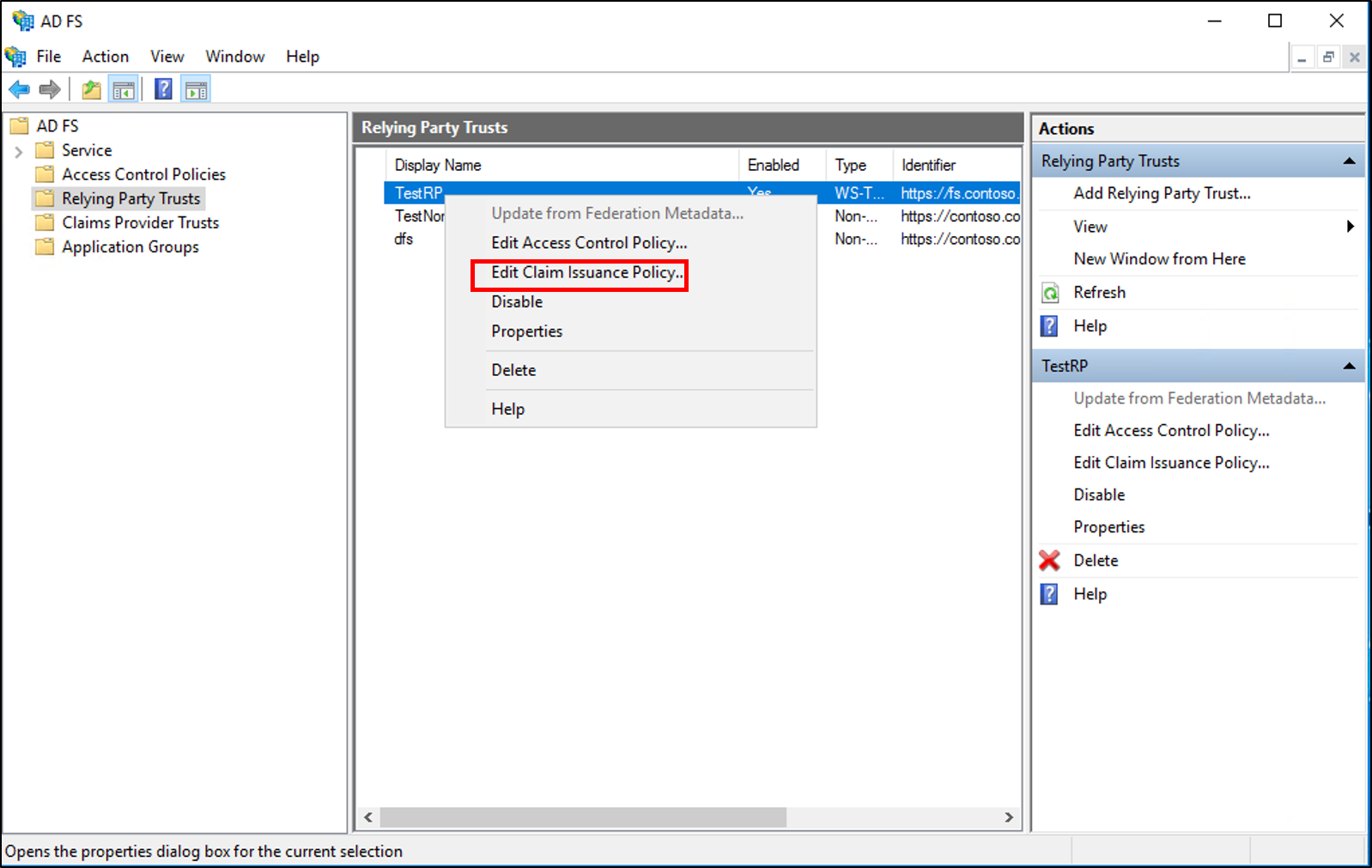 Screenshot that highlights the Edit Claim Issuance Policy menu option.