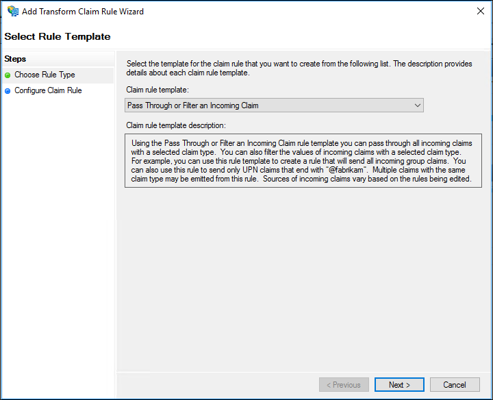 Screenshot that shows where to select the Pass Through or Filter an Incoming Claim template.