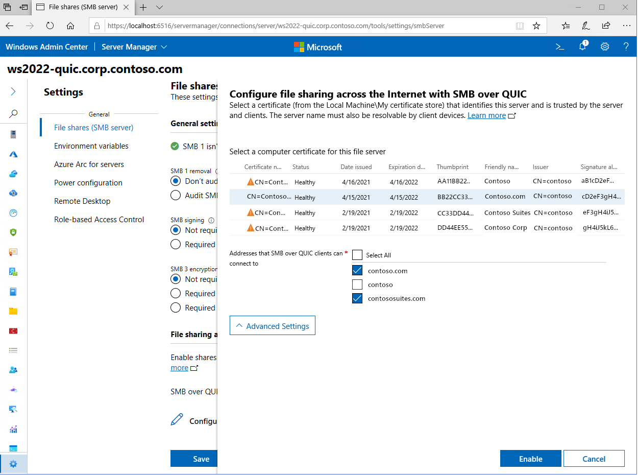 Windows Admin Center で構成された SMB over QUIC 設定で利用可能なすべての認定資格証を示す画像。