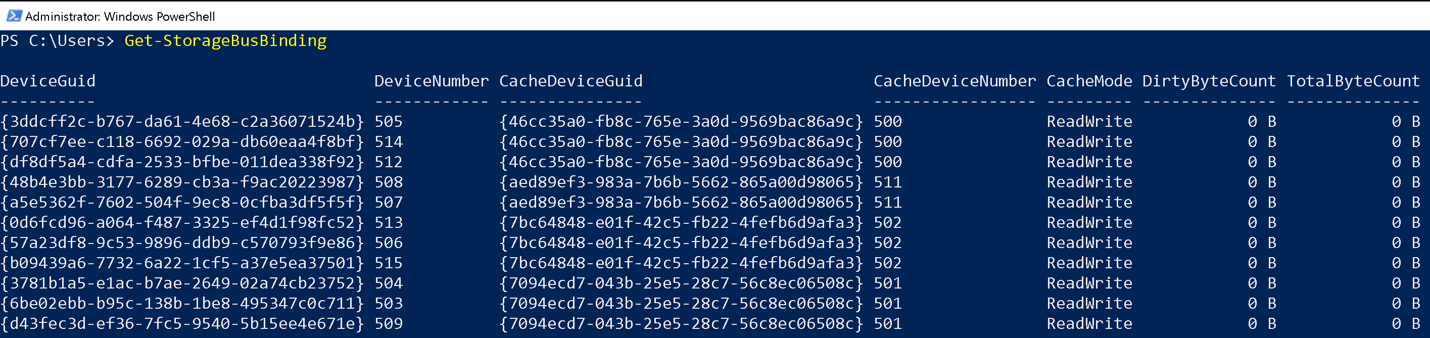 Get-StorageBusBinding の出力を示すスクリーンショット。