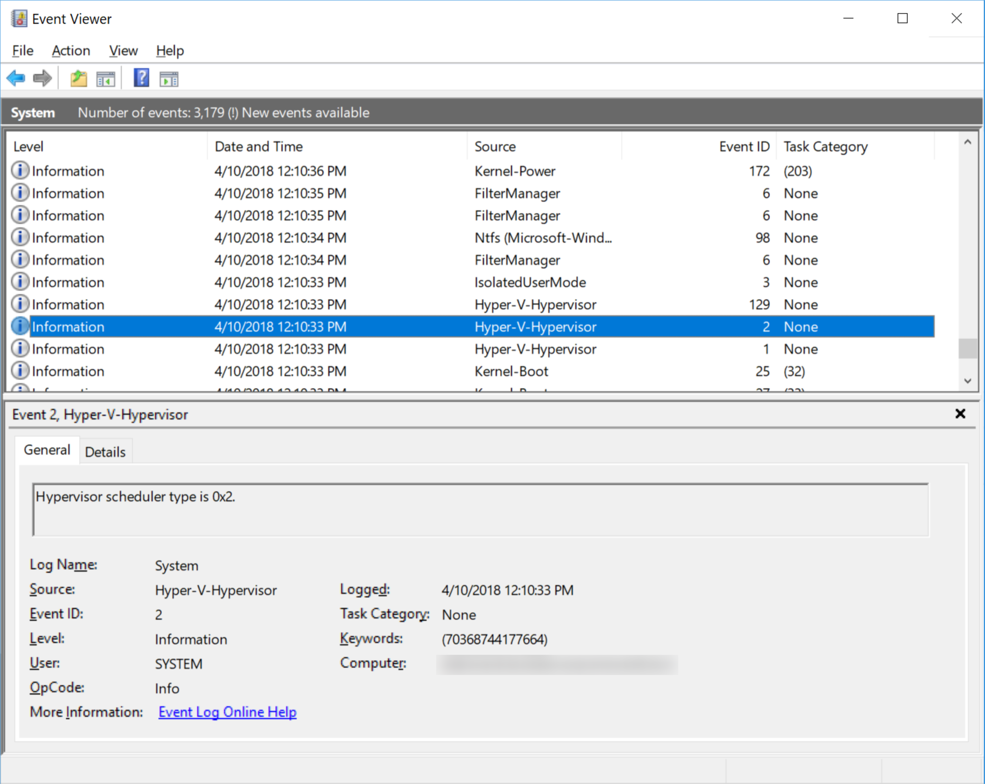 イベント ビューアー ウィンドウのスクリーンショット。ユーザーがイベントの一覧から Hyper-V ハイパーバイザー起動イベント ID 2 を選択しており、濃い青色で強調表示されている。