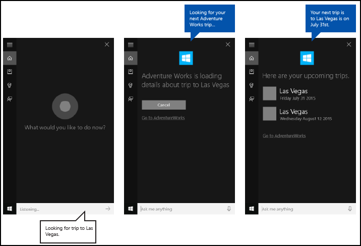 Cortana のスクリーンショットと、バックグラウンドで AdventureWorks アプリを使用した進行状況と結果画面を含む基本的なクエリ