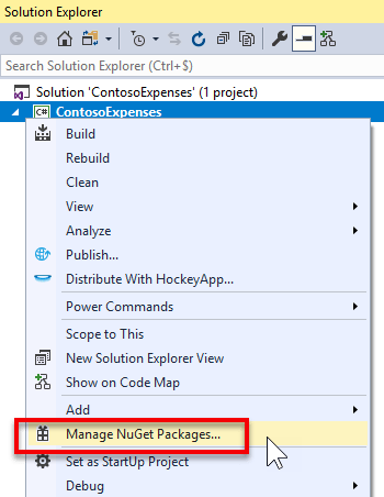 Visual Studio の [NuGet パッケージの管理] メニュー